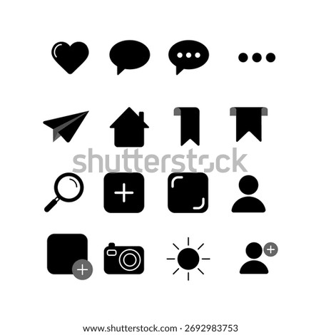 Set of black minimal UI icons including heart, chat, home, search, bookmark, camera, and user symbols.