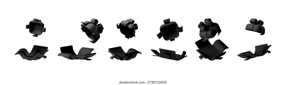 Set of black minimalist 3d gift boxes and bows in various open and closed states. Modern vector illustration for packaging, surprise, Christmas
