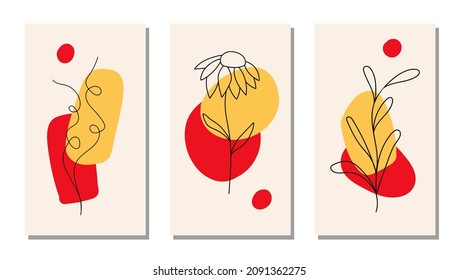 Set of black minimalistic flowers on a background of abstract geometric shapes. Trending colors. Beautiful cute poster. Vector illustration.