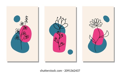 Set of black minimalistic flowers on a background of abstract geometric shapes. Trending colors. Beautiful cute poster. Vector illustration.