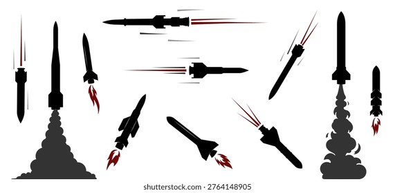 Set of black missile and rocket silhouettes with red flames and smoke trails isolated on white. Vector illustration of launching, flying, falling weapons for military, defense, war, air strike concept