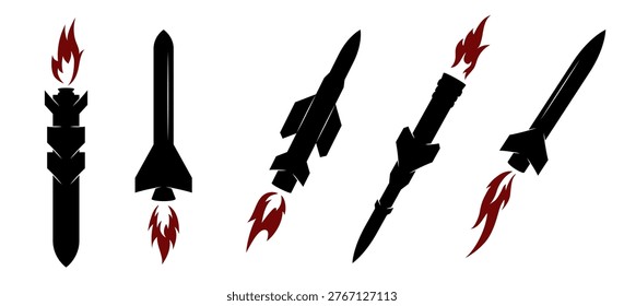 Set of black missile and rocket silhouettes with red flames and smoke trails isolated on white. Vector illustration of launching, flying, falling weapons for military, defense, war, air strike concept