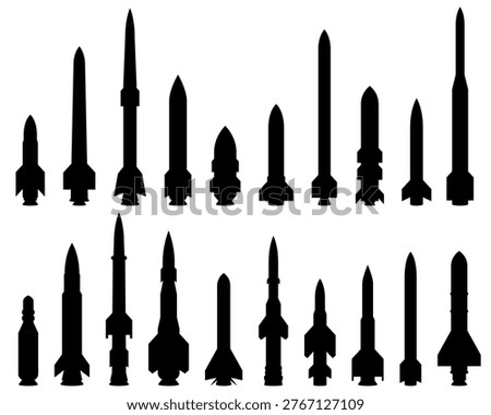 Set of black missile and rocket silhouettes isolated on transparent background. Vector military weapons, ballistic ICBMs, and cruise missiles. Defense, war, armament, and global conflict concepts.
