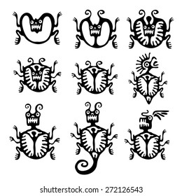 Conjunto de ácaros o escarabajos negros en estilo nativo, ilustración vectorial