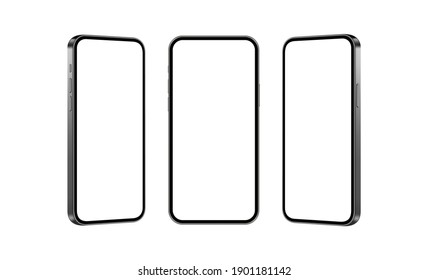 Набор черных макетов мобильных телефонов, изолированных на белом фоне, вид спереди и сбоку. Векторная иллюстрация