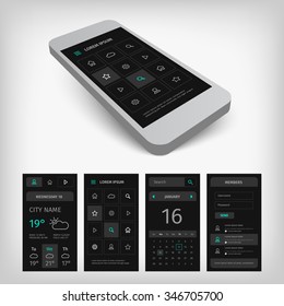 Set of black mobile user application interfaces. Mobile app ui kit illustration with mockup.