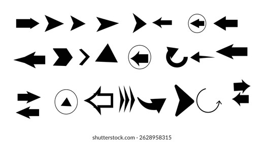 Set black modern arrows for web design. Arrows vector icon. Arrow icon. Set of big black vector arrows. Cursor, Click. Arrow icon pack