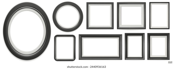 Set of black modern frame isolated on white background. Realistic rectangle, circle, oval Photo black frames mockup. Classic Borders set for painting, and photo gallery. 3d vector illustration.