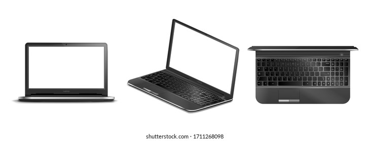 Set of black modern realistic laptops on an isolated background, laptop in isometry with a empty screen for your design, vector illustration