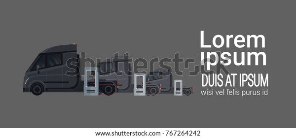 Set Of Black Modern Semi\
Truck Trailer Charging At Electic Charger Station Vector\
Illustration