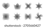 Set of black modern shapes with halftone or grainy texture isolated on white background. Dotted abstract heart and crown, flower and star, pinwheel and brutalist forms. Vector graphic illustrations.