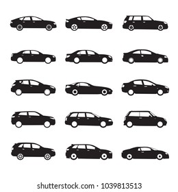 Set of black modern shapes and Icons of Cars. Vector Illustration