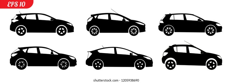 Set of black modern shapes and Icons of Cars. Monochrome icon, sedan. Vector Illustration Set of car silhouettes, black hatchback car silhouettes, logo hatchback isolated on white background