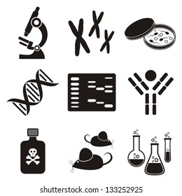 set of black molecular biology science icons on white background svg