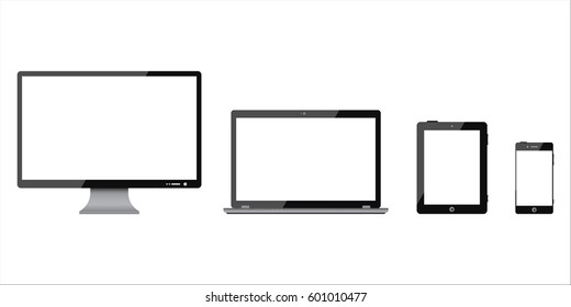 Set of black monitor, laptop, tablet, smartphone, realistic device - stock vector