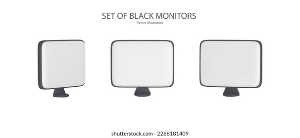  El conjunto de monitores negros se muestra en una posición diferente.  Monitores 3d de dibujos animados. 
 Iconos realistas del monitor de cómics . Mofa de pantalla. Ilustración vectorial 3D