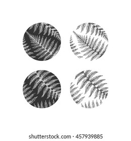 Set of black, monochromatic isolated fern branches' round botanical design elements, vector hand drawn leaves of bracken shaped as circles.