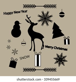 Set of black monochrome Christmas and New Year winter decoration on a brown background. Vector illustration.