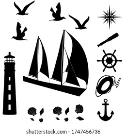 Set of black, monochrome isolated silhouettes on a marine theme, lighthouse, yacht, compass, anchor, shells, lifebuoy, seagulls. Vector illustration