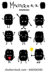 Set of black monsters emoticons. Flat vector, EPS10.