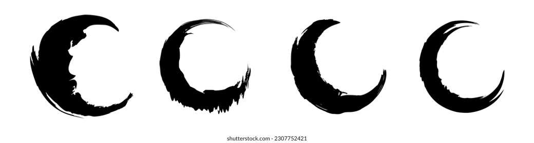 Set of black moon in grunge brush stroke style. Goth moon for design and prints. Vector illustration isolated on white background.