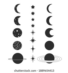 Set of black moon phases, planets, stars, saturn. Minimal vector illustration.