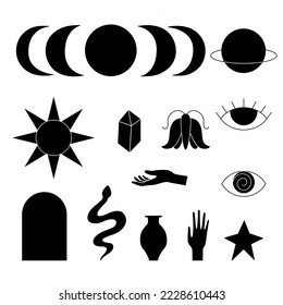 Conjunto de fases de luna negra, sol, estrellas, saturn, serpiente, polilla, manos, ojos, cristal, jarrón. Ilustración vectorial mínima.