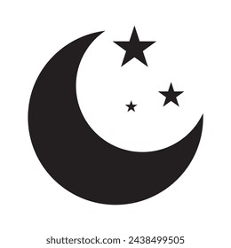 A set of black moon and sparkling starlight illustrations of various shapes. The moon has the shape of a crescent, half, or full moon. Vector Illustration.