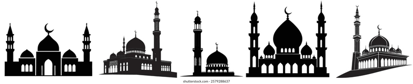 set of Black Mosque Silhouette Isolated on white background. Islamic Mosque Buildings Silhouettes for Poster and Banner. Vector illustration.