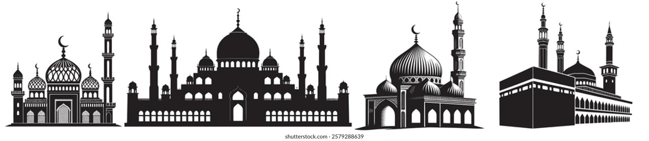 set of Black Mosque Silhouette Isolated on white background. Islamic Mosque Buildings Silhouettes for Poster and Banner. Vector illustration.