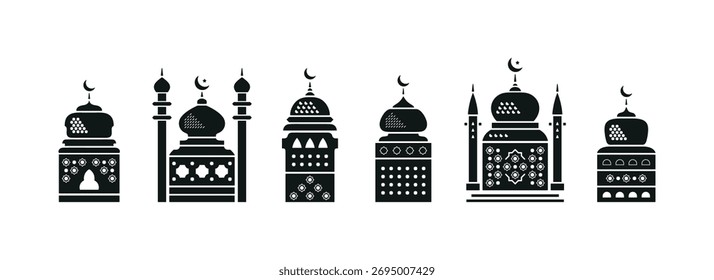 Set of Black Mosque Silhouettes, Isolated Vector Illustrations on White Background for Islamic Design