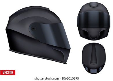 Set of Black motor racing helmets with closed glass visor. For car and motorcycle sport. Front and side and top view. Vector Illustration isolated on white background.