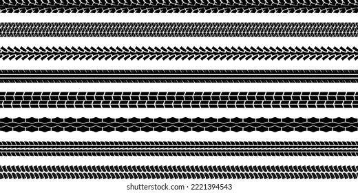 Set of black motorbike tire tread print isolated on white background. Footprint of bike or car wheels with seamless texture. Top view of rubber protector marks on asphalt. Vector brush