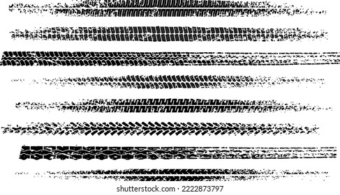 Set of black motorcycle tire tread print with grunge effect isolated on white background. Footprint of bike or car wheels with seamless texture. Top view of rubber protector marks. Vector brush