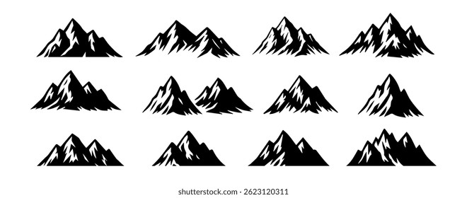 Conjunto de silhuetas de picos de montanha pretas. Vetor isolado no fundo branco 2025