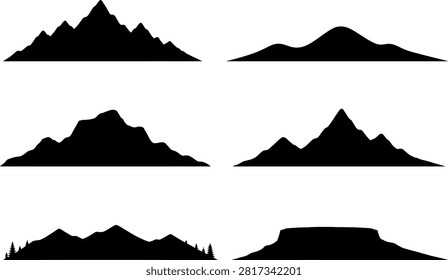 Set of black mountain ridge silhouettes in various shapes and heights, isolated on a clean white background.