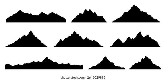 Set of black mountain silhouette vector. Landscape, nature, wilderness, and outdoor adventure icon or illustration for web design element.