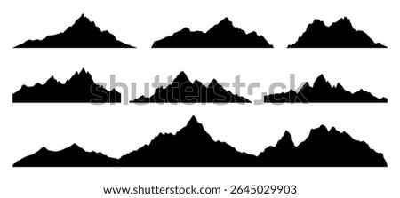 Set of black mountain silhouette vector. Landscape mountain range vector illustration. Nature outdoor adventure.