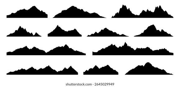 Set of black mountain silhouettes. High peak and range shape. Nature skyline landscape. Outdoor adventure graphic design element.