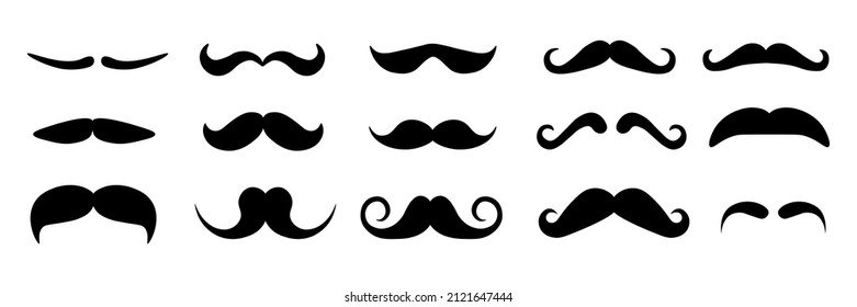 Set of black moustache from different formy on white background. Vector men's accessories in flat style.