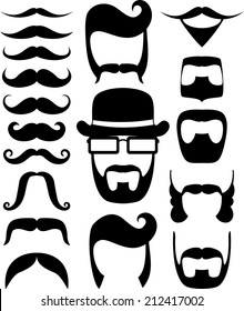 set of black moustaches and beard silhouettes, design elements for party props isolated on white background