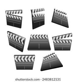 Set of black movie clappers board collection, Clapboards open and closed. Movie, cinema, film symbol concept. Director blackboard. Filmmaking, video production industry equipment. Vector illustration.