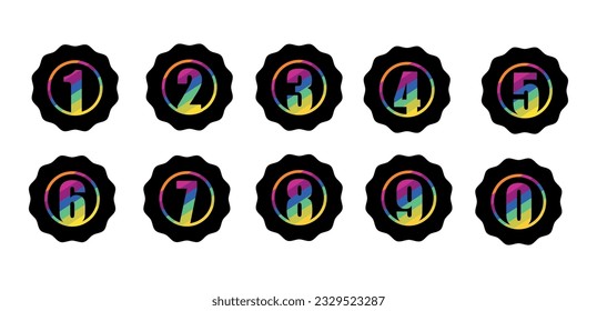 Set of Black with Multicolor Starburst Badges Icon. 0-9 Numbers Set.