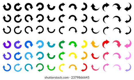 Set of black and multicolored arrows. Turn over, flip, reverse signs. Different directions. Flat icons. Navigation pointer. Purple, blue, green, yellow, red and pink arrows.