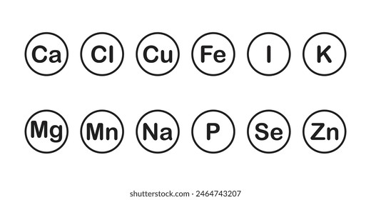 Conjunto de iconos de complejo multimineral negro, suplemento mineral Ca, CI, Cu, Fe, I, K, Mg, Mn, Na, P, Se, Zn.