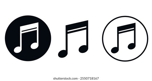 Set of black music note icons in different styles, including within a circle, isolated on a white background.