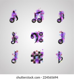Set of black music notes decorated with colored flares bokeh. Isolated on gray background. Vector illustration.