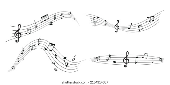 Set of black music notes waves isolated on white background. Sound recording stripes. Piano melody. Music design Vector illustration.