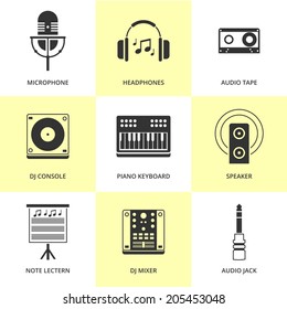 Set of black music and sound icons. Vector music stuff in flat simple style. 