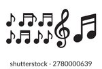 Set of black musical notes including eighth notes, sixteenth notes, and treble clef.